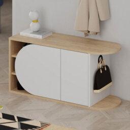 Decortie Nova Shoe Bench Storage Oak, White Engineered Wood 2-Door Oval Cut Edge 104(W)Cm With Metal Hook Organiser Hallway - thumbnail 5