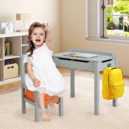 Gainoom Grey Kids Table And Chair Set Flip Top Toddler Study Desk W/ Chair - thumbnail 3