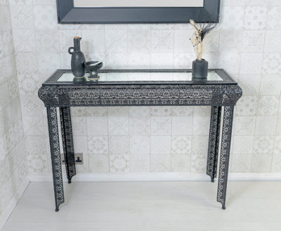 Downton Interiors Black Embossed Metal Mirrored Glass Console Table - image 1