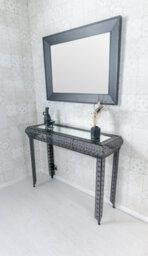 Downton Interiors Black Embossed Metal Mirrored Glass Console Table - thumbnail 3