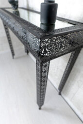 Downton Interiors Black Embossed Metal Mirrored Glass Console Table - thumbnail 4