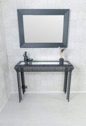 Downton Interiors Black Embossed Metal Mirrored Glass Console Table - thumbnail 2