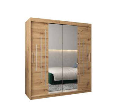 Arte Refined York I Mirrored Sliding Door Wardrobe With Shelves And Hanging Rails In Oak Artisan (H)2000mm (W)1800mm (D)620mm - image 1