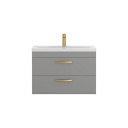 Royal Bathrooms Turin Indigo Grey Gloss 800mm Wall Hung Vanity Unit 2 Drawer With Mid-Edge Basin Sink & Brushed Brass Handles - thumbnail 6