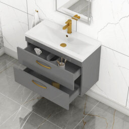 Royal Bathrooms Turin Indigo Grey Gloss 800mm Wall Hung Vanity Unit 2 Drawer With Mid-Edge Basin Sink & Brushed Brass Handles - thumbnail 5