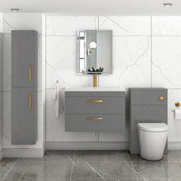 Royal Bathrooms Turin Indigo Grey Gloss 800mm Wall Hung Vanity Unit 2 Drawer With Mid-Edge Basin Sink & Brushed Brass Handles - thumbnail 4