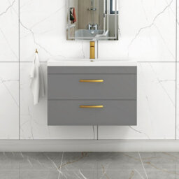 Royal Bathrooms Turin Indigo Grey Gloss 800mm Wall Hung Vanity Unit 2 Drawer With Mid-Edge Basin Sink & Brushed Brass Handles
