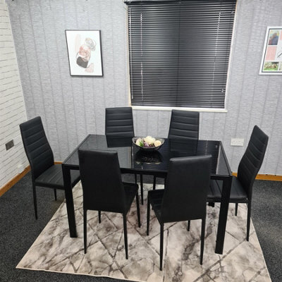 Kosy Koala Black Glass Rectangle Dining Table Set With 6 Black Chairs Modern Dining Room Furniture - image 1