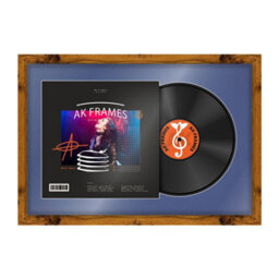 "AK Frames 25X17"" Rustic Oak Modern Vinyl Record Frame With Blue Mount For 12 Inch Lp Cover & Disc - Overlapped Design" - thumbnail 1