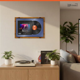 "AK Frames 25X17"" Rustic Oak Modern Vinyl Record Frame With Blue Mount For 12 Inch Lp Cover & Disc - Overlapped Design" - thumbnail 5