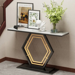 Fativo 120Cm Sintered Stone Marble Console Table Hall Display Stand Sofa Table Storage W/ Gold Stand Sturdy Legs