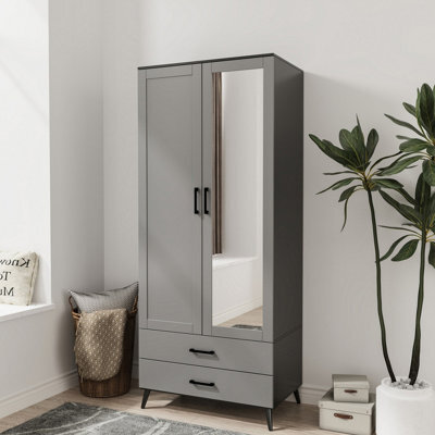 Urbn-Living Urbnliving 180Cm Height Black Mirror Wardrobe With Grey 2 Door 2 Drawer Bedroom Clothes Storage Hanging Rail - image 1