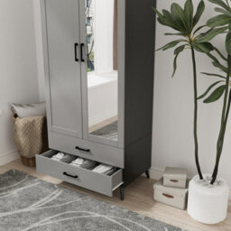 Urbn-Living Urbnliving 180Cm Height Black Mirror Wardrobe With Grey 2 Door 2 Drawer Bedroom Clothes Storage Hanging Rail - thumbnail 6