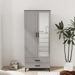 Urbn-Living Urbnliving 180Cm Height Black Mirror Wardrobe With Grey 2 Door 2 Drawer Bedroom Clothes Storage Hanging Rail - thumbnail 2