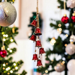 Four Candle Glossy Red Metal 7 Bell Christmas Hanging Garland - thumbnail 2