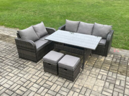 Fimous Outdoor Garden Patio Furniture Wicker Rattan Oblong Dining Table And Lounge Sofa Set With 2 Small Footstools - thumbnail 2