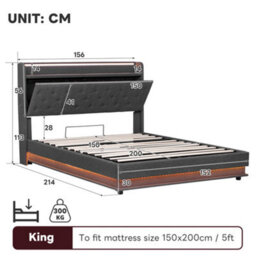 Btm 5Ft King Upholstered Bed With Hydraulic Storage Led Tufted Headboard Usb And Type C Ports Grey - thumbnail 9