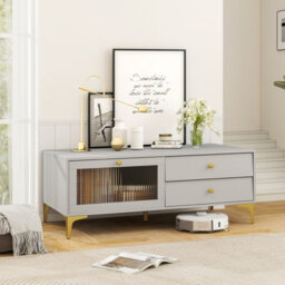 "Costway 120Cm Tv Stand For 55"" Tv Modern Tv Console Cabinet W/ Tempered Glass Door"