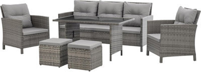 New-Evre Havana Grey 7 Seater Rattan Garden Furniture Set Patio Dining Set With Sofa, Armchairs, Stools & Glass Table. - image 1