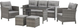 New-Evre Havana Grey 7 Seater Rattan Garden Furniture Set Patio Dining Set With Sofa, Armchairs, Stools & Glass Table.