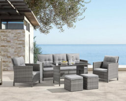 New-Evre Havana Grey 7 Seater Rattan Garden Furniture Set Patio Dining Set With Sofa, Armchairs, Stools & Glass Table. - thumbnail 2