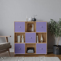 Urbn-Living 9 Cube Oak Wooden Bookcase Shelving Unit With 5 Collapsible Fabric Drawers  Lilac - thumbnail 2