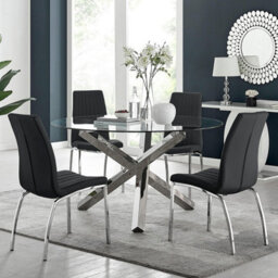 Furniturebox Uk Vogue Large Round Chrome Metal Clear Glass Dining Table And 4 Black Isco Dining Chairs Set - thumbnail 1