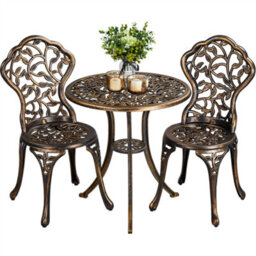 Yaheetech Bronze 3 Piece Patio Bistro Set, 2 Seater Metal Garden Table & Chairs Bistro Coffee Table Set, Balcony Outdoor - thumbnail 2