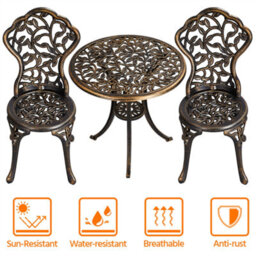 Yaheetech Bronze 3 Piece Patio Bistro Set, 2 Seater Metal Garden Table & Chairs Bistro Coffee Table Set, Balcony Outdoor - thumbnail 4