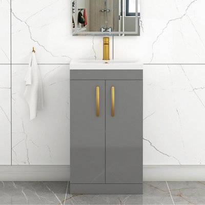 Royal Bathrooms Turin Indigo Grey Gloss 500mm Floor Standing Vanity Unit 2 Door With Mid-Edge Basin Sink & Brushed Brass Handles - image 1