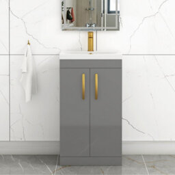 Royal Bathrooms Turin Indigo Grey Gloss 500mm Floor Standing Vanity Unit 2 Door With Mid-Edge Basin Sink & Brushed Brass Handles