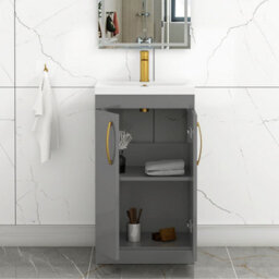 Royal Bathrooms Turin Indigo Grey Gloss 500mm Floor Standing Vanity Unit 2 Door With Mid-Edge Basin Sink & Brushed Brass Handles - thumbnail 3