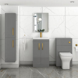 Royal Bathrooms Turin Indigo Grey Gloss 500mm Floor Standing Vanity Unit 2 Door With Mid-Edge Basin Sink & Brushed Brass Handles - thumbnail 4