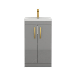 Royal Bathrooms Turin Indigo Grey Gloss 500mm Floor Standing Vanity Unit 2 Door With Mid-Edge Basin Sink & Brushed Brass Handles - thumbnail 6