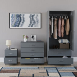 Lassic Vida Designs Riano 3 Piece Bedroom Set (2 Drawer Bedside Chest, 4 Drawer Chest, 2 Door 2 Drawer Wardrobe), Grey - thumbnail 2