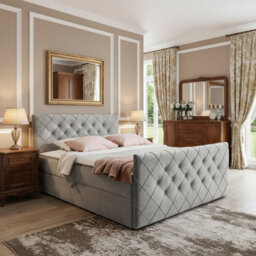 Malaga M 200X200 Upholstered Bed With Topper Mdf Laminated Board Frame Hr Foam Bonnell Springs Wooden Slatted Base Light Grey - thumbnail 2
