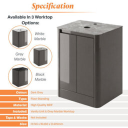 Plum&clay Mayfair Gloss Dark Grey Freestanding Bathroom Vanity Unit With Grey Marble Countertop (W)650mm (H)745mm - thumbnail 5