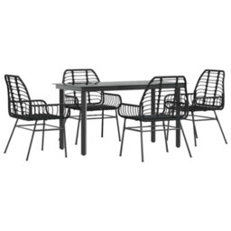 Berkfield 5 Piece Garden Dining Set Black Poly Rattan Glass - thumbnail 2