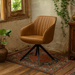 Wyld Haus Arques Tan Faux Leather Swivel Dining Chair With Armrests And Pyramid Metal Legs - thumbnail 2