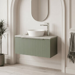 Balterley Tixall Fluted 1 Drawer Wall Hung Vanity Unit With Laminate Worktop, Satin Green, 800mm - thumbnail 2