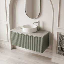 Balterley Tixall Fluted 1 Drawer Wall Hung Vanity Unit With Laminate Worktop, Satin Green, 800mm - thumbnail 3