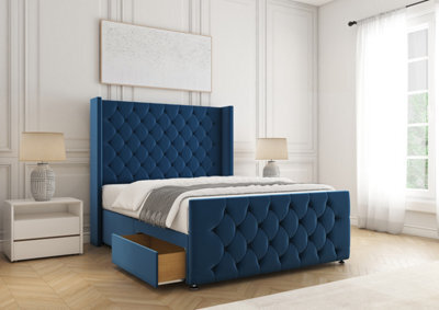 "Bsspoke Divan Bed Set Blue Plush Velvet With 54"" Headboard & 20"" Footboard 2 Drawers Footend & No Mattress In 4Ft 4Ft6 5Ft 6Ft" - image 1