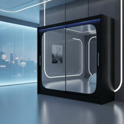 Bega Viii 180Cm Black Sliding Door Wardrobe With Mirror Front Shelving Space And Clothes Rail Bedroom Unit With Led Rgb