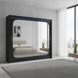 Bega Viii 180Cm Black Sliding Door Wardrobe With Mirror Front Shelving Space And Clothes Rail Bedroom Unit With Led Rgb - thumbnail 2