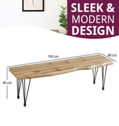 Hallowood Furniture Cullompton Bench (150Cm) With Live Edge Effect And Black Metal Legs - thumbnail 3