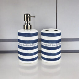 Purely Home Nautical Stripes Bathroom Set - Refillable Ceramic Soap Dispenser & Toothbrush Holder - thumbnail 2