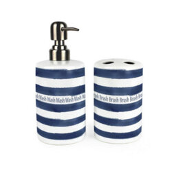 Purely Home Nautical Stripes Bathroom Set - Refillable Ceramic Soap Dispenser & Toothbrush Holder - thumbnail 1