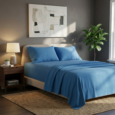 Soft Plain Brushed Cotton Fitted Flat Sheet Matching Pillowcases Set Blue - image 1