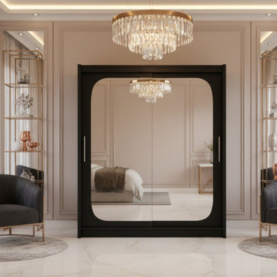 Bega Viii 180 Sliding Door Wardrobe Modern Black Design With Mirror Hanging Rail And Spacious Shelves - image 1