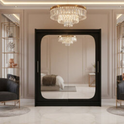 Bega Viii 180 Sliding Door Wardrobe Modern Black Design With Mirror Hanging Rail And Spacious Shelves - thumbnail 1